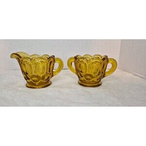 Vintage Moon And Stars L E Smith Amber Creamer And Open Sugar Bowl With Handles
